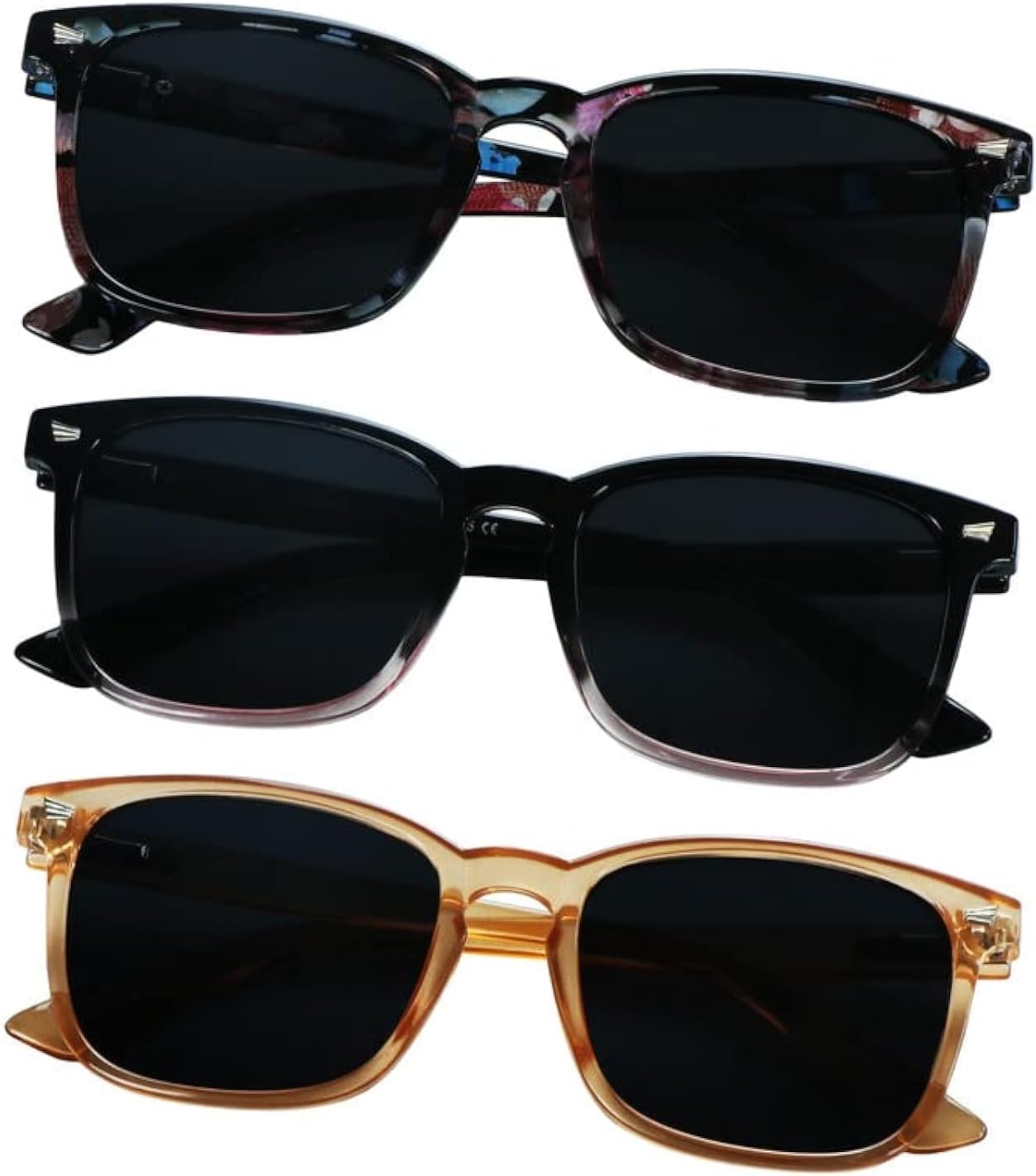 

Солнцезащитные очки YEIN, комплект из 3 пар, для мужчин и женщин, с защитой от УФ-излучения, винтажная квадратная полноразмерная оправа, Uptown_floral+black Purple+champagne