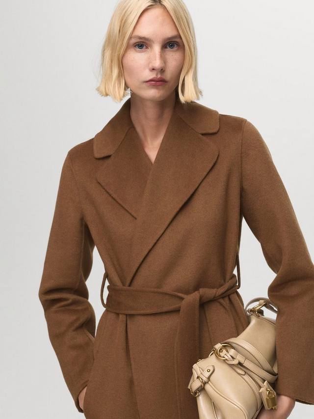 

Батиновое пальто с поясом из шерстяной смеси Mango, Medium Brown