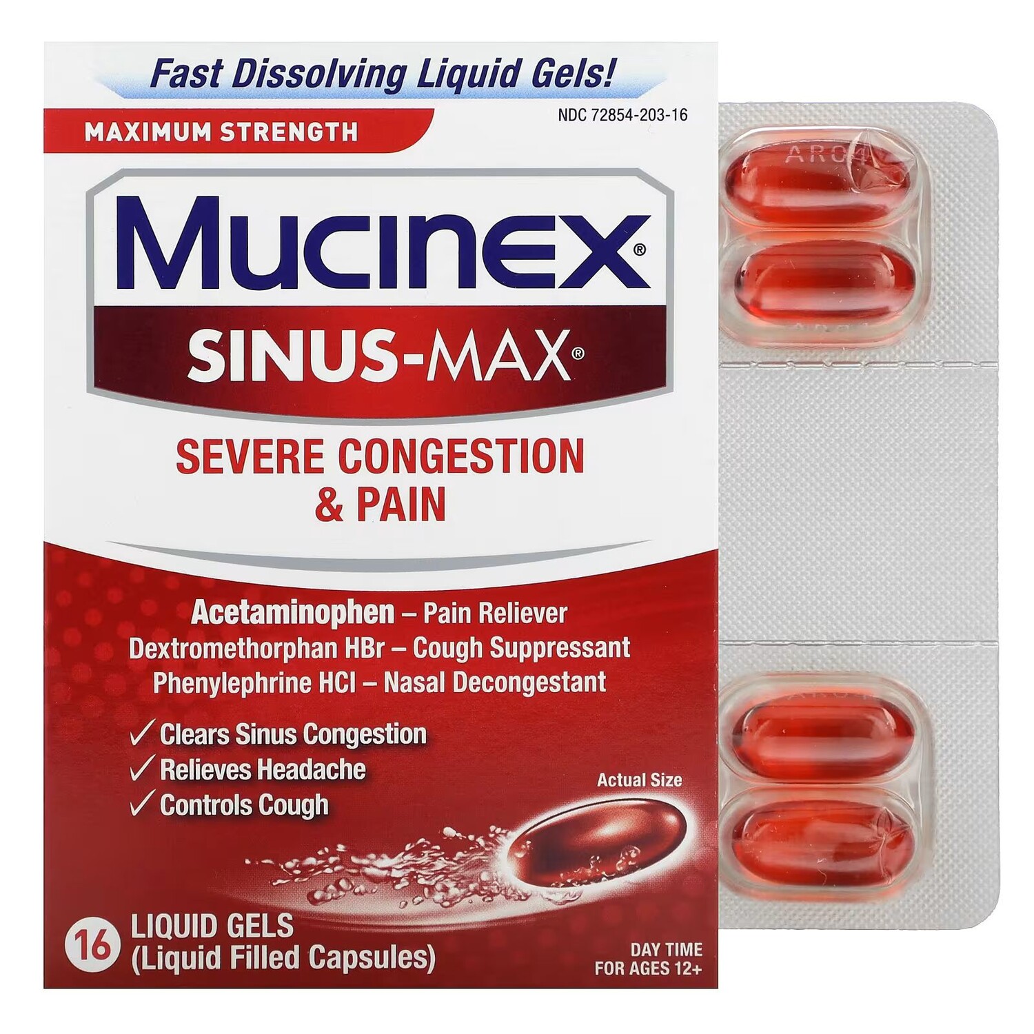 

Sinus-Max, Сильная заложенность носа и боль, максимальная сила, для детей от 12 лет, 16 жидких гелей Mucinex