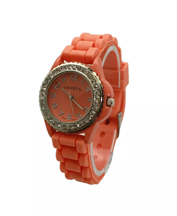

Коралловые повседневные тонкие силиконовые часы со стразами Olivia Pratt, coral