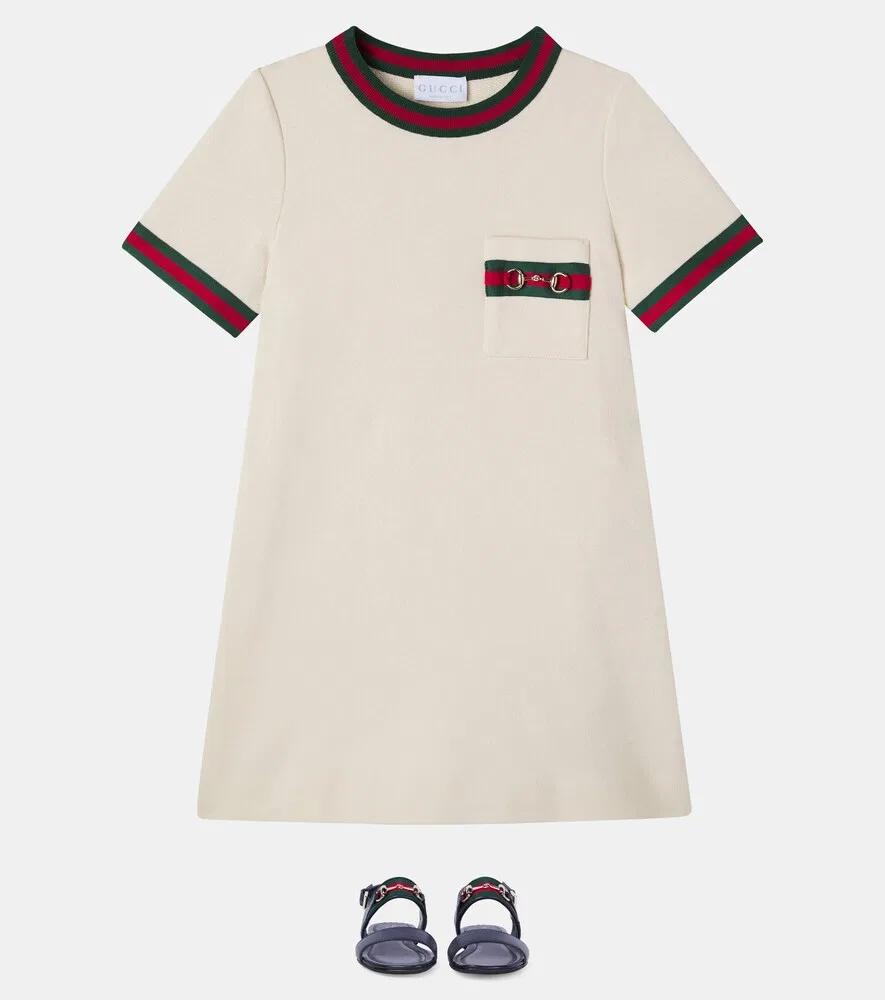 Хлопковое платье с полосками и узором "Конская уздечка" Gucci Kids, белый — фото 2