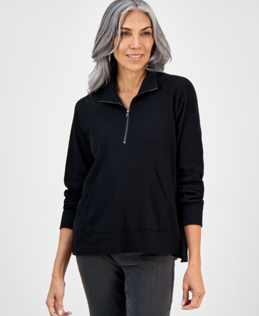 

Женская трикотажная блузка с застежкой-молнией до середины груди, эксклюзивно для Macy's Style & Co, Deep Black