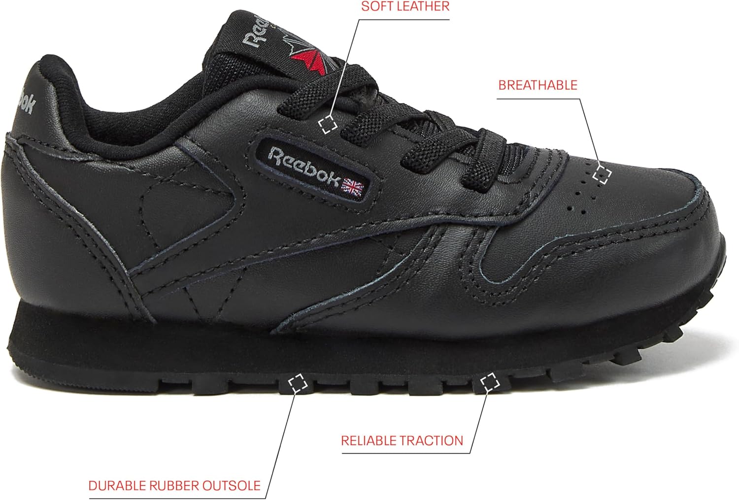 Кроссовки Reebok Classic Leather для детей и подростков, унисекс, для девочек и мальчиков, малышей, детей младшего или старшего возраста, черный — фото 2
