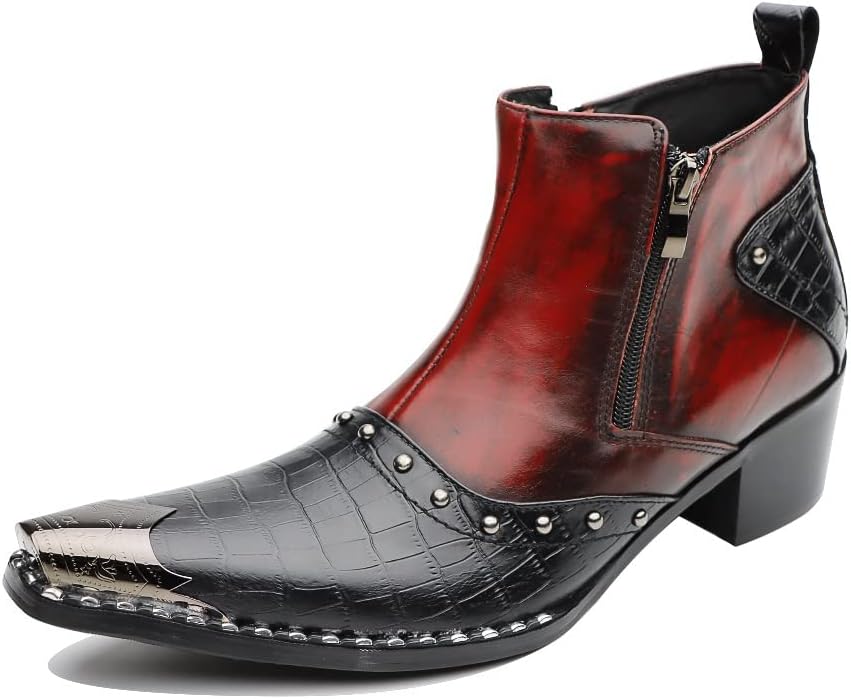 

Мужские ботинки Rui Landed Two Tones, высокий голенище, премиальная натуральная кожа, стиль с зацепом, змеиная кожа, высокий каблук, молния, металлический заостренный носок (Цвет: черный с красным, Размер: 10 M US)