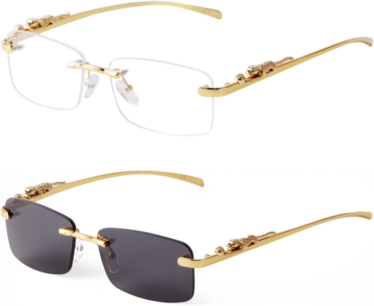 

ADE WU Винтажные солнцезащитные очки без оправы в стиле ретро, ​​роскошные, золотистая металлическая безрамочная модель, прямоугольные солнцезащитные очки с цветными линзами, 2 Pack: Clear & Grey