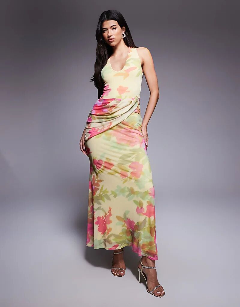 

Платье макси ASOS DESIGN из сетки с глубоким вырезом, поясом-обручем и цветочным принтом цвета сливочного масла