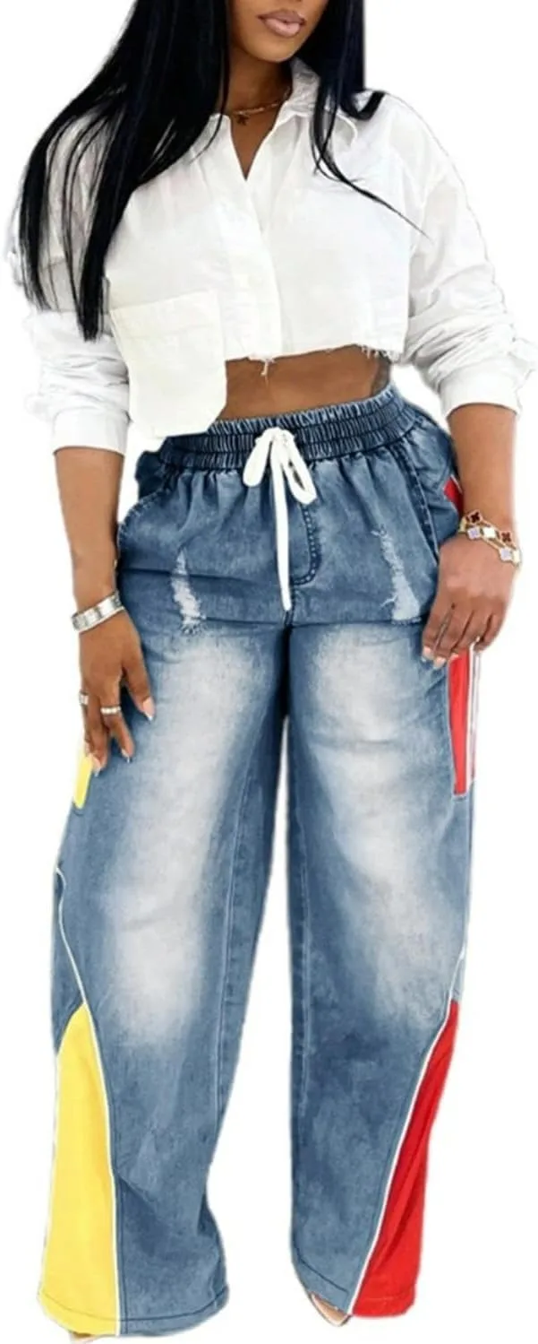 

Женские джинсы с цветными вставками и завязками на поясе Gofusome