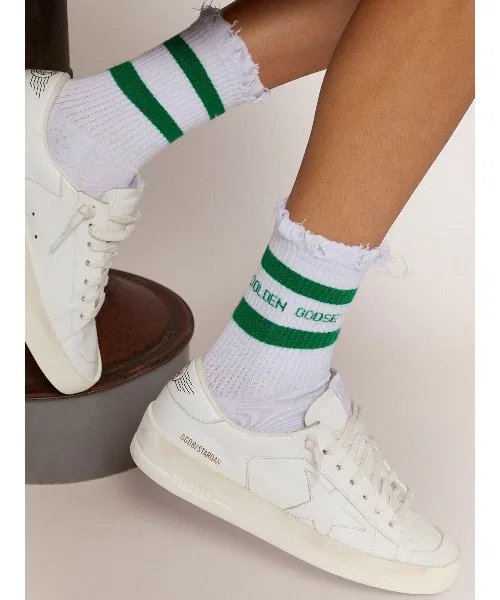 Носки Golden Goose с полосками, рваный хлопок, бело-зеленые — фото 3
