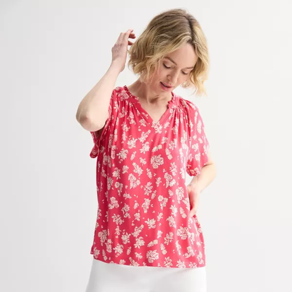 

Женская блузка с регланом и сборкой Croft & Barrow, цвет coral playful floral