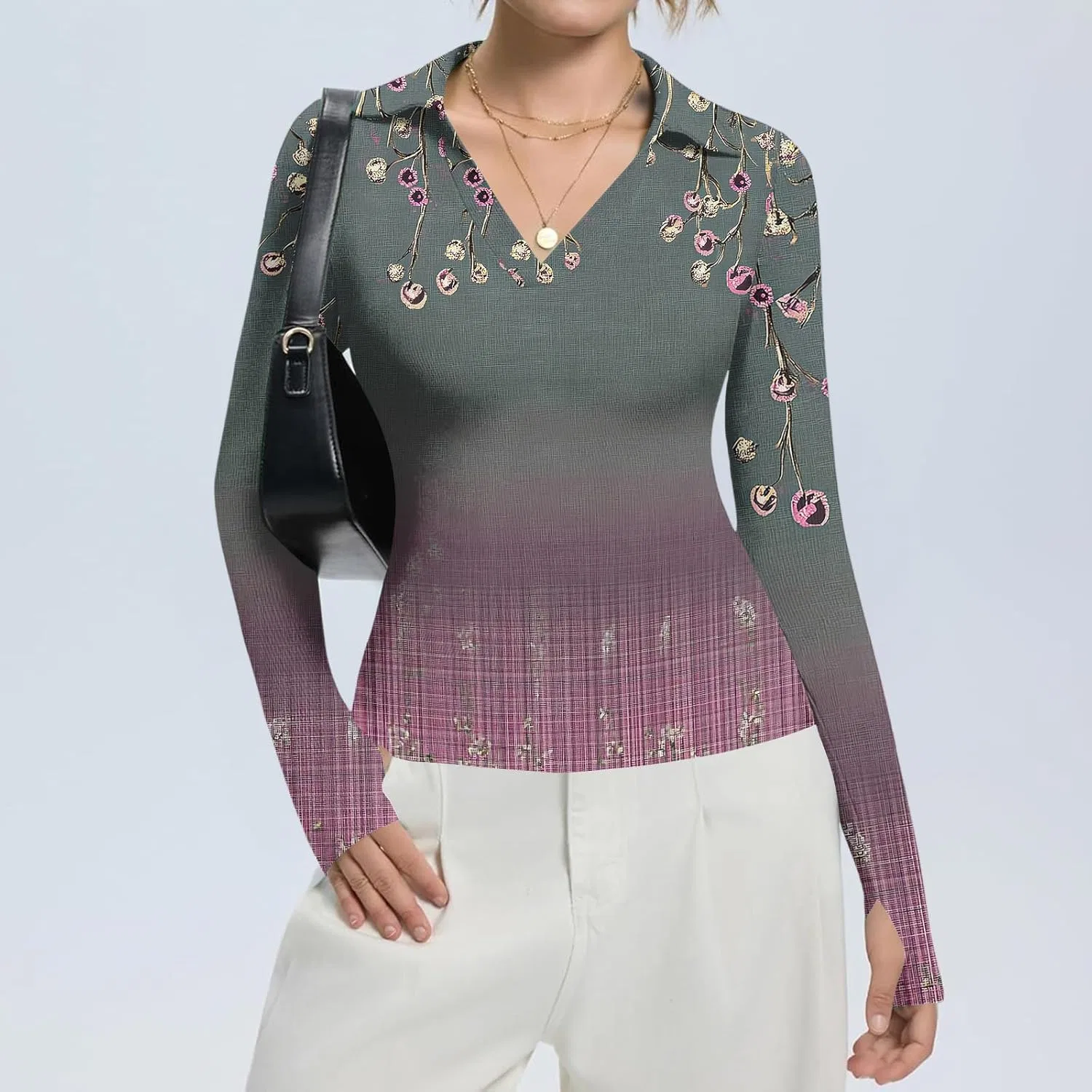 Женская футболка с V-образным вырезом, длинным рукавом, принтованная, Casual, Slim Fit, 1-purple Pink — фото 2