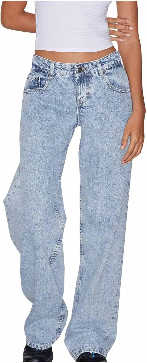 

Akklian женские джинсы в стиле Y2k, mid-rise, baggy, loose fit, ретро, washed, straight, wide leg, casual, stretch, long denim