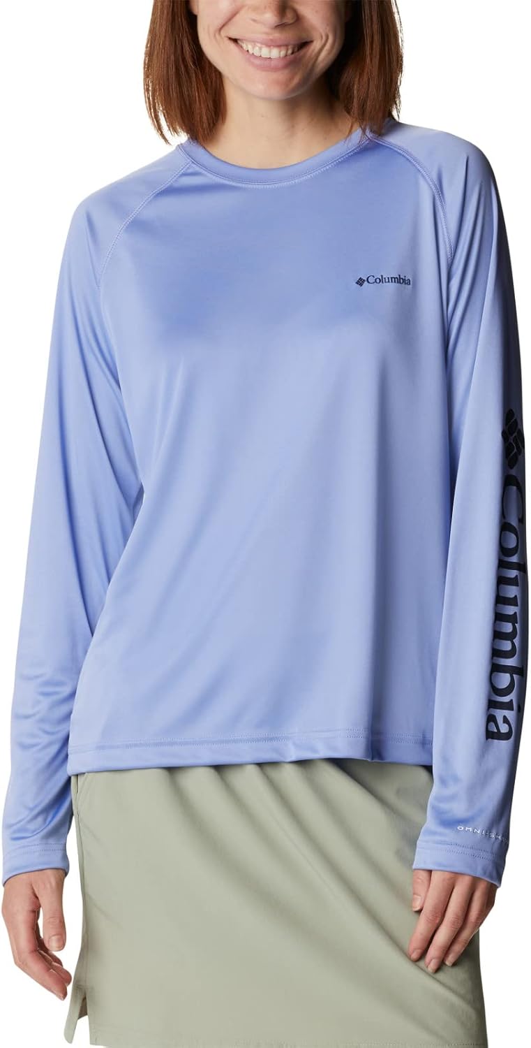 

Футболка Columbia Womens Fork Stream Long Sleeve Shirt, Serenity/Dark Nocturnal Logo