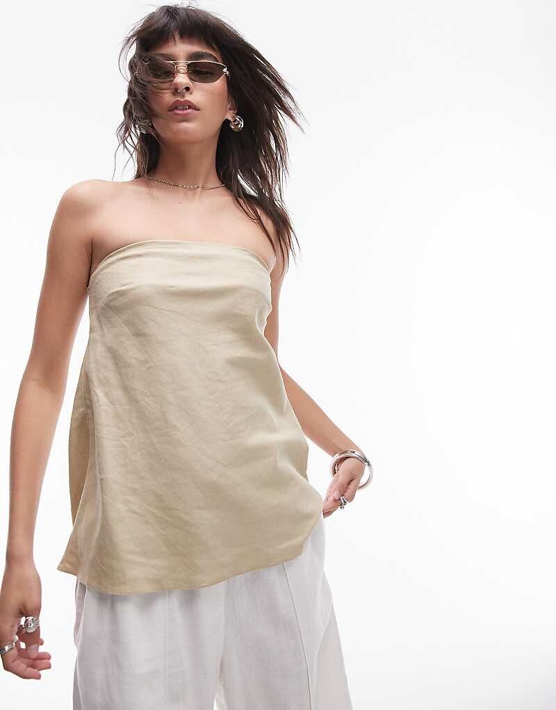 

Длинный льняной топ без бретелек Topshop – песочного цвета