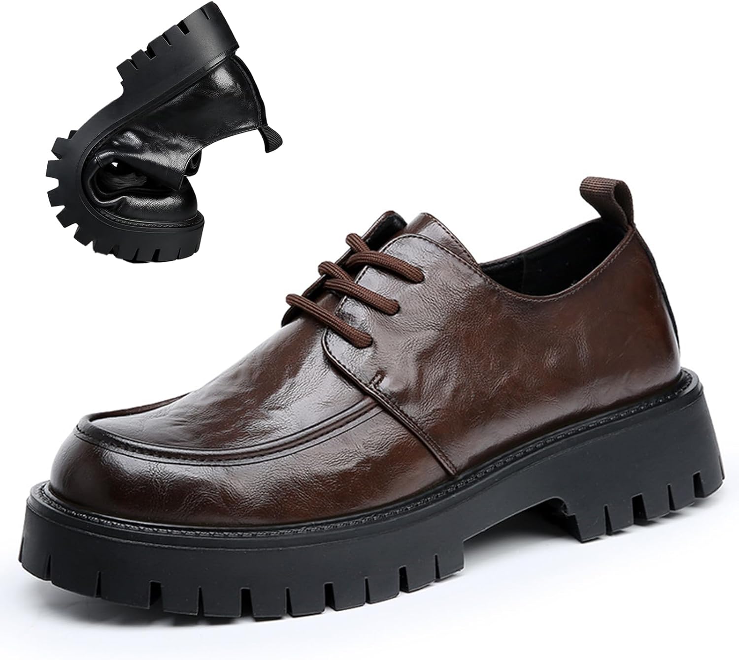 

Мужские кожаные туфли-оксфорды на платформе с массивным каблуком, классическим округлым носком, шнуровкой, рифленой подошвой, мягкой стелькой, для работы и деловых мероприятий, противоскользящие, с эффектом увеличения роста, дерби Qooel, Brown-a