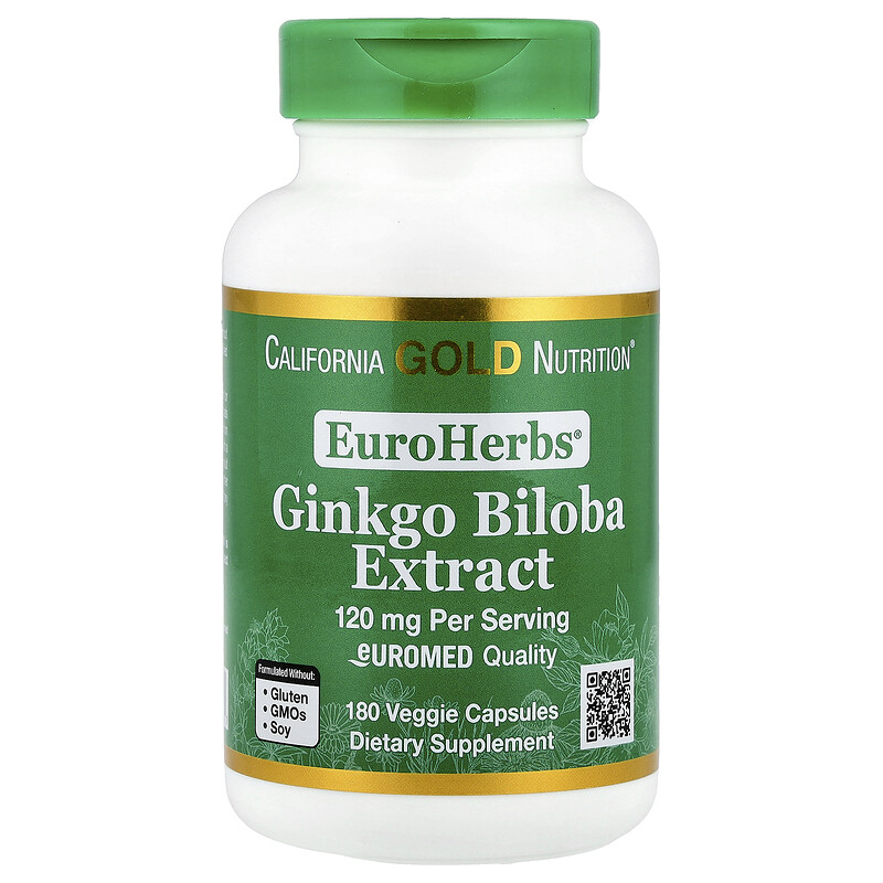 

California Gold Nutrition, EuroHerbs, экстракт гинкго билоба, качество Euromed, 120 мг, 180 растительных капсул