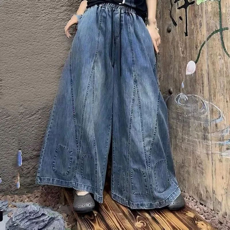 Джинсы свободные джинсовые, Women Spring Loose Denim Wide Leg Pants Casual Vintage Jeans Ladies Patchwork Solid Trousers, 004 — фото 3