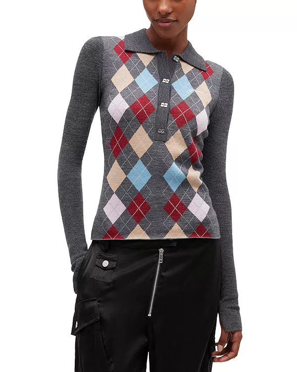 

Поло из тонкой мериносовой шерсти жаккардового плетения. Ganni, серый