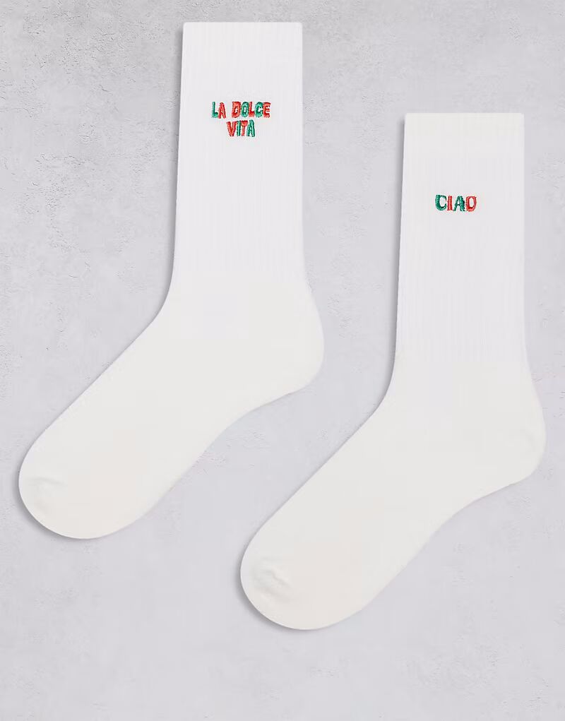 

ASOS DESIGN 2 пары носков с принтами Ciao и La Dolce Vita в цвете экрю