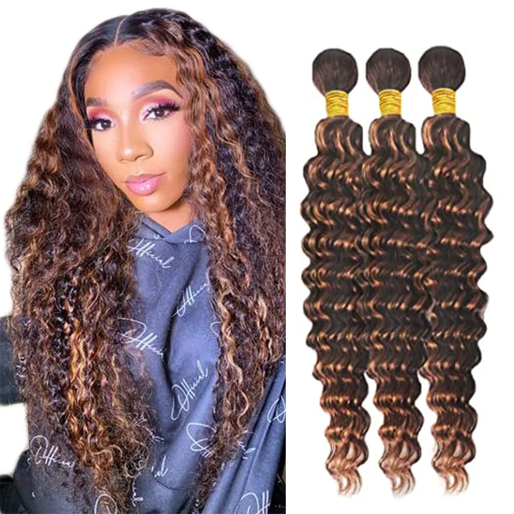 Наращиваемые волосы Highlight Deep Wave Bundles из бразильских человеческих волос P4/30 (3 пучка, 16, 18, 20 дюймов) Poutpoutm