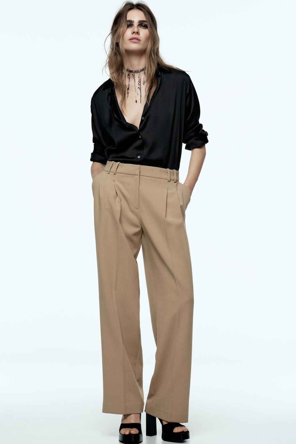 

Брюки широкие с вышивками ZARA, средний верблюд