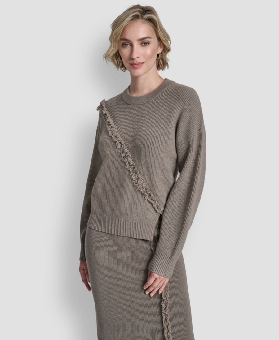 

Женский свитер с длинными рукавами и бахромой DKNY, City Taupe Heather