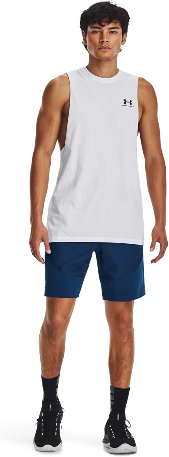 

Мужская спортивная футболка Under Armour с обрезанной левой частью груди, (100) White/Black, Белый, Мужская спортивная футболка Under Armour с обрезанной левой частью груди, (100) White/Black