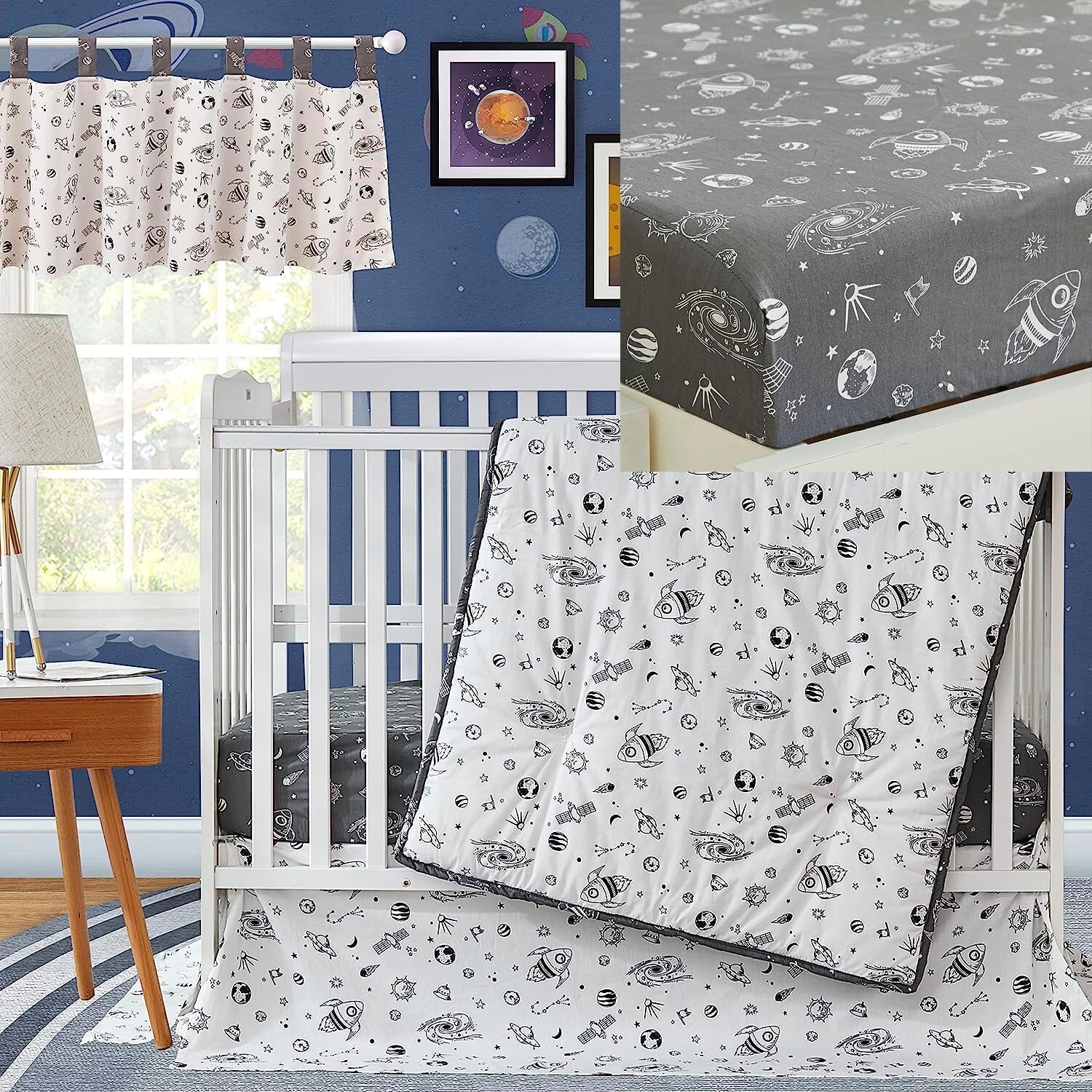 

Комплект постельного белья для детской кроватки Brandream Milky Way Space Galaxy из 4 предметов для детской кроватки для мальчиков и девочек с тематикой космического корабля и 2 упаковками простыней для кроватки