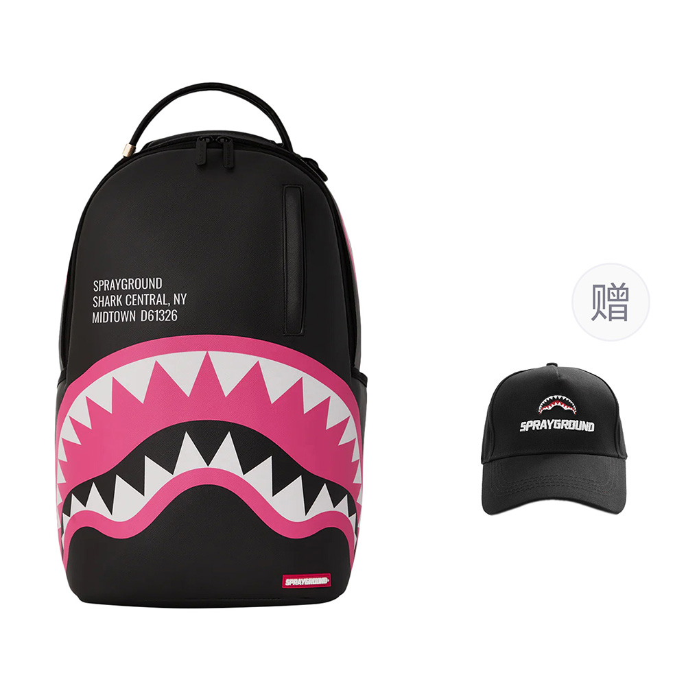 

SPRAYGROUND Рюкзак из ПВХ с принтом акульей пасти мужской черно-розовый, Black (Comes with Baseball Cap)