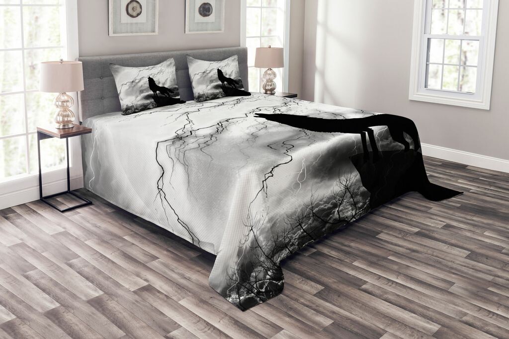 

ABAKUHAUS Комплект покрывала Wolf, Howling Under the Full Moon, комплект с моющимися наволочками, для односпальных кроватей 220 x 220 см, черный, белый, серый