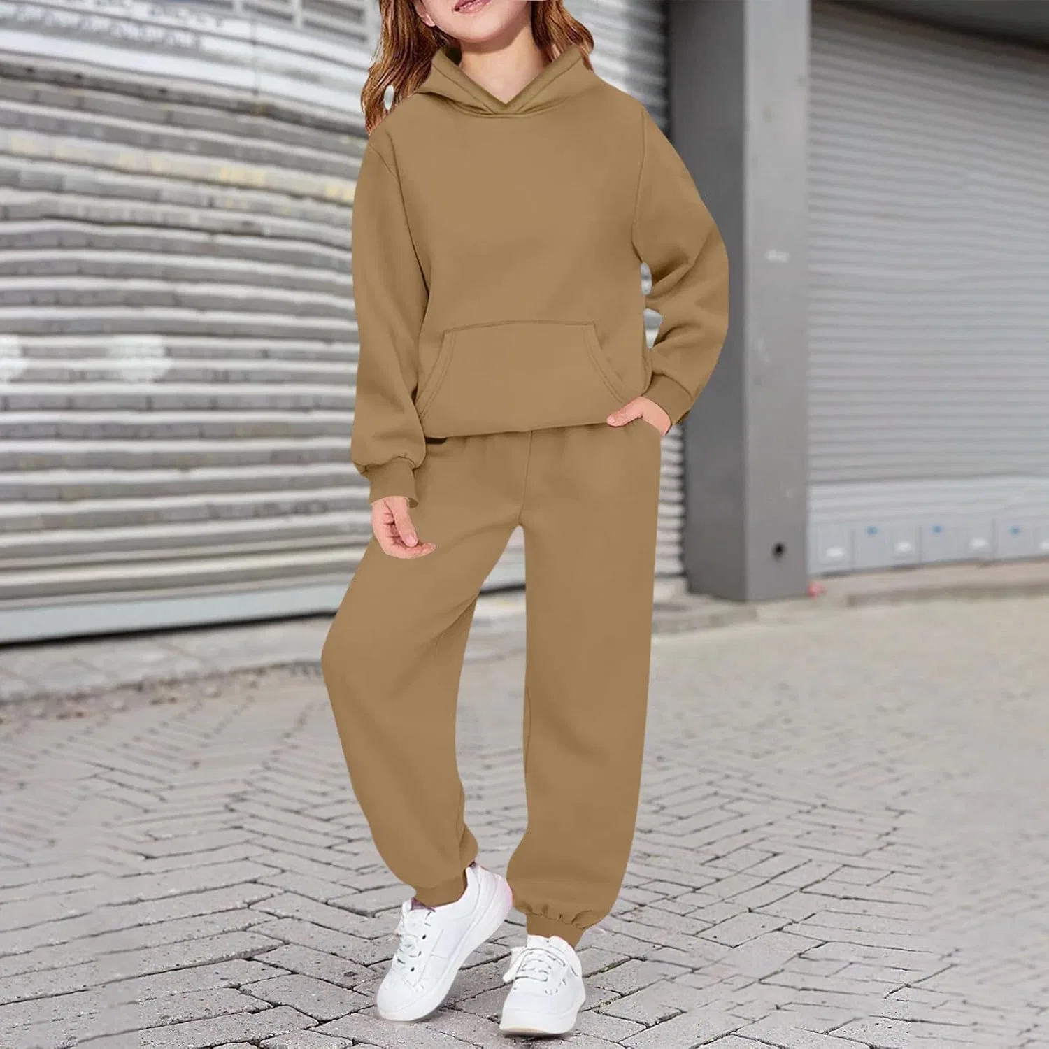 Детский спортивный костюм с капюшоном, лонгслив и джоггеры, Polyester, Brown — фото 3