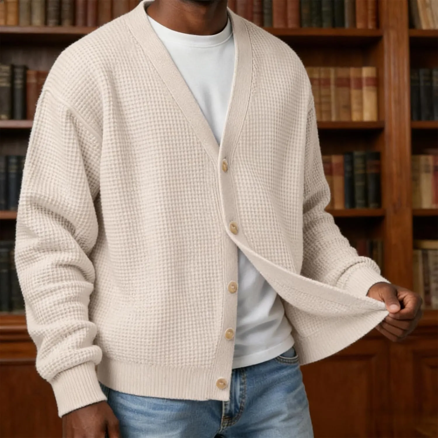 Mens Cardigan Sweater Textured Waffle Knit Long Sleeve Cardigan Lightweight Casual V Neck Button Down Cardigans — фото 3