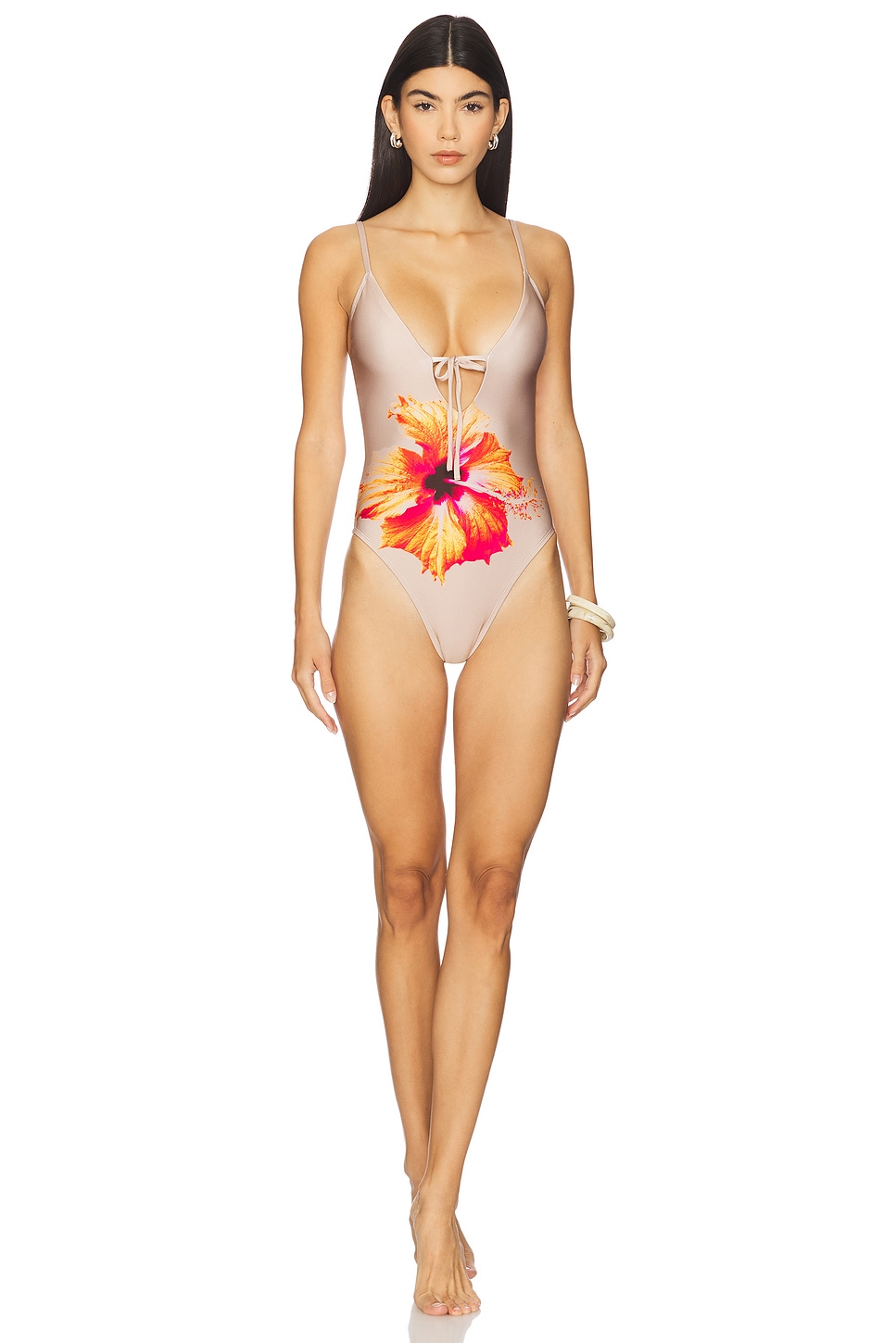 

Сатиновый купальник-слип Good American, champagne tropical hibiscus001