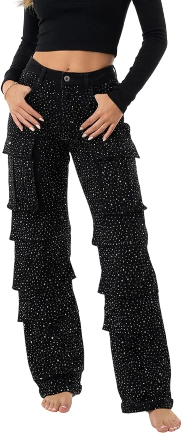 Женские джинсы Mid Rise Wide Leg с пайетками - модные широкие брюки-багги для повседневной носки Generic, черный
