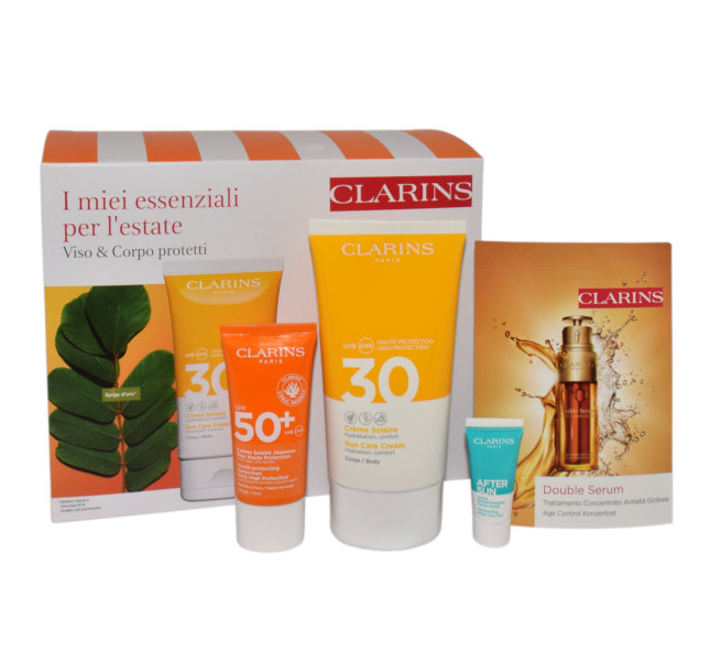 

Набор Clarins (средство для ухода за телом National Expert + солнцезащитный крем для тела Spf30 150 мл + солнцезащитный крем для лица Spf50+ 30 мл + пробник бальзама после загара 8 мл)