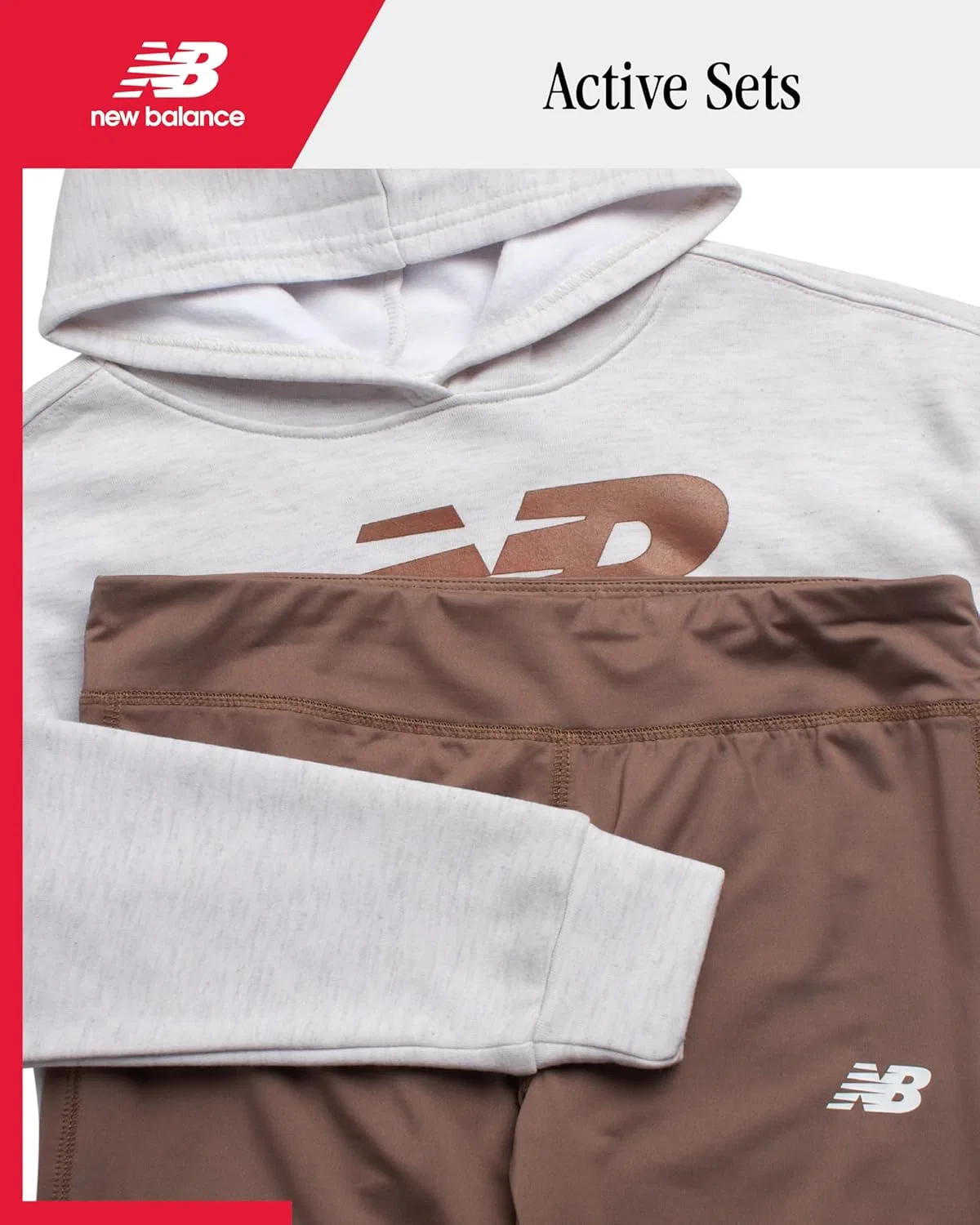 Комплект леггинсов New Balance для девочек - 2 предмета: пуловер, толстовка с капюшоном и спортивные леггинсы, детский спортивный костюм (7-12 лет), Oatmeal Oak — фото 2