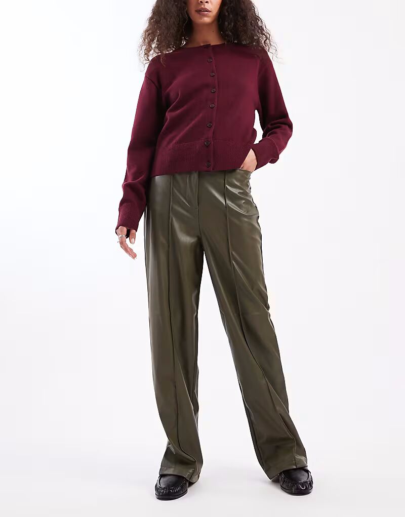 

Широкие брюки из искусственной кожи цвета хаки New Look