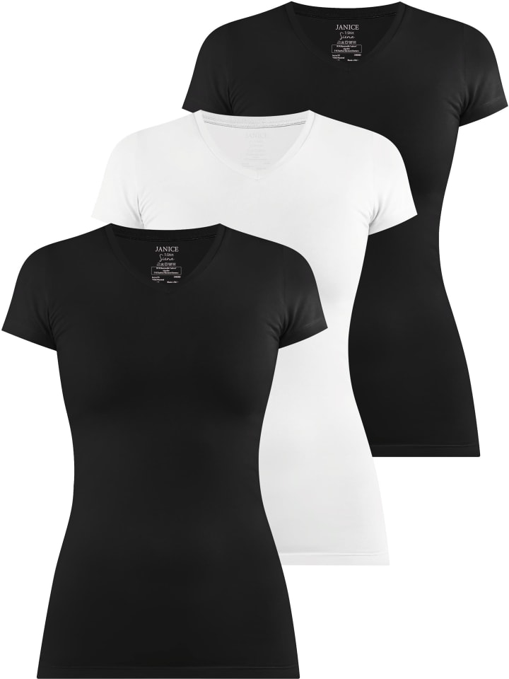 

Janice Облегающие футболки с V-образным вырезом Siena в черно-бело-черном цвете, Черный, Janice Облегающие футболки с V-образным вырезом Siena в черно-бело-черном цвете