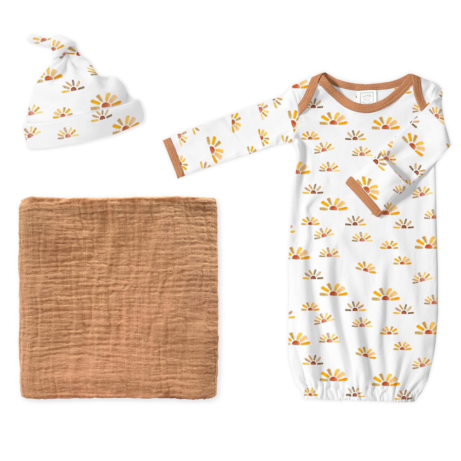 

Подарочный набор для детей Swaddle Designs, муслиновое одеяло Butterum и акварельная шапочка для новорожденных Sunny Days и пижамное платье с манжетами в виде варежек, мягчайший хлопок SwaddleDesigns
