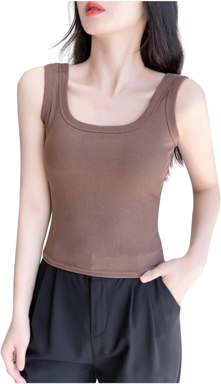 Женские укороченные топы без рукавов с квадратным вырезом, летняя мода 2026 года, облегающая майка-топ, однотонные удобные повседневные рубашки Generic, Coffee