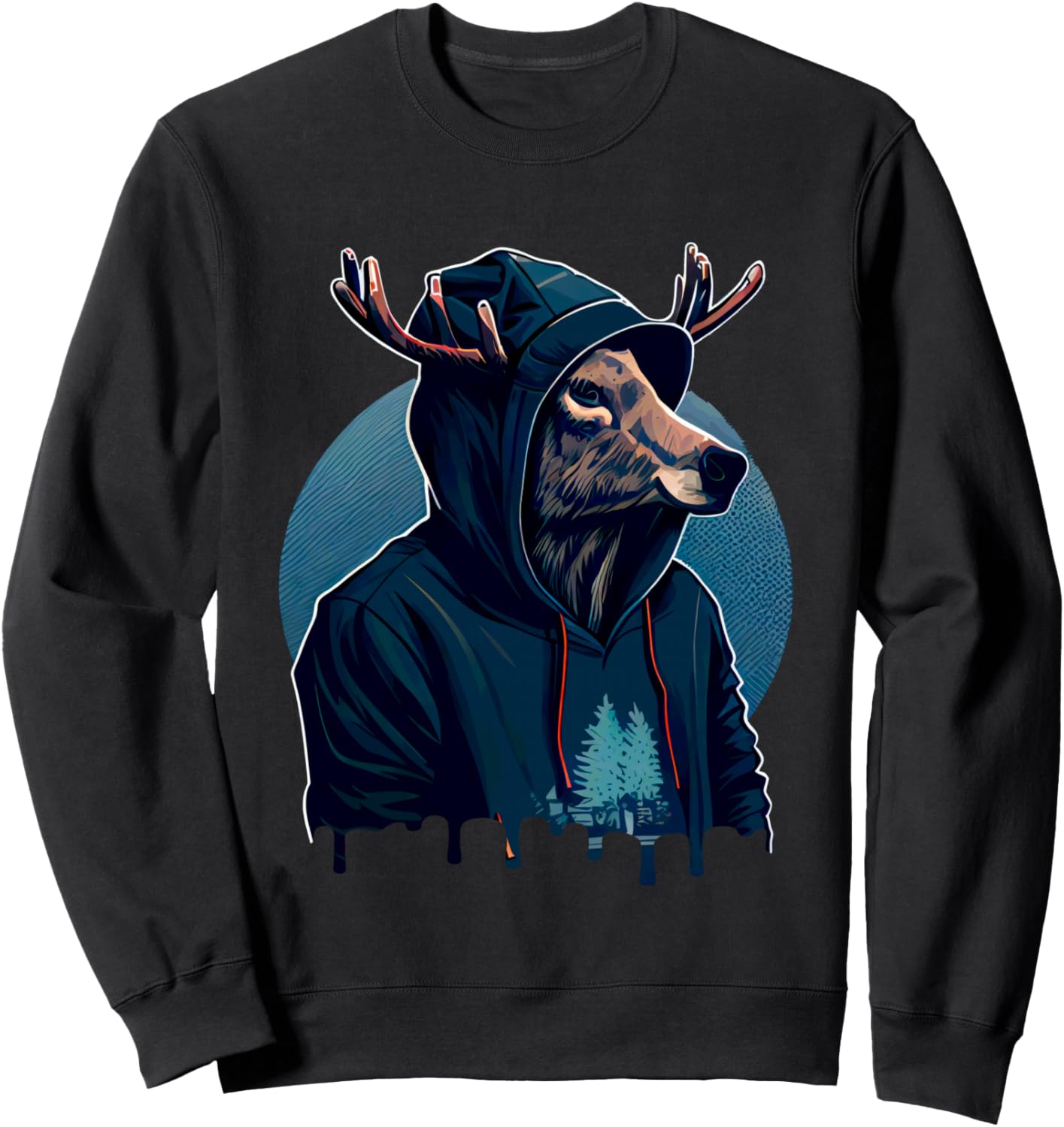 

Толстовка с изображением оленя в капюшоне, создающего атмосферу городского леса Nature Hooded Animal Urban Forest Style, черный