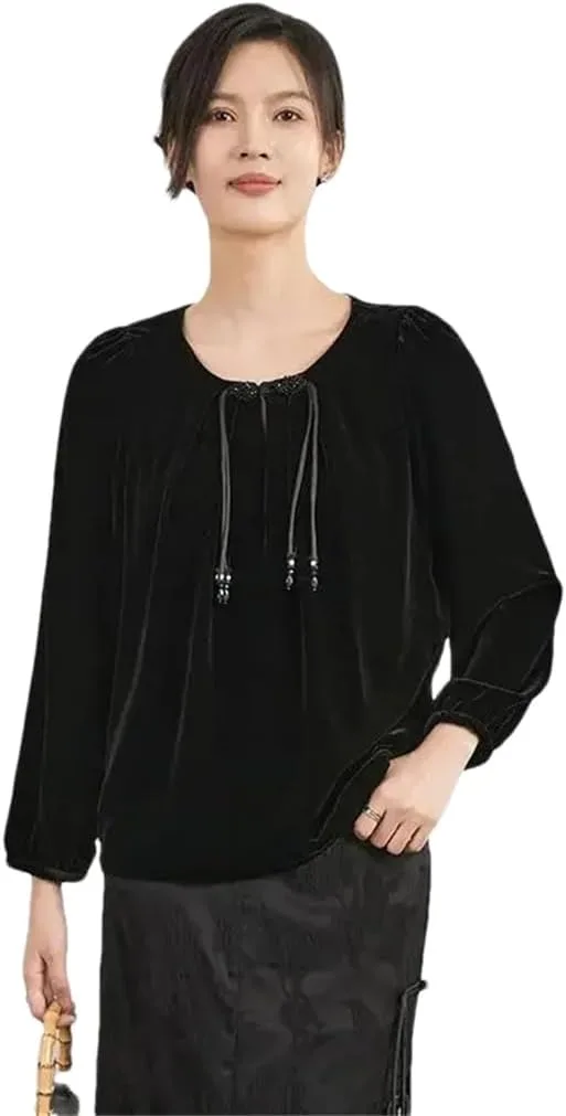 

Женская футболка с длинным рукавом и V-образным вырезом из велюра, свободная, в ретро-стиле Fulbant