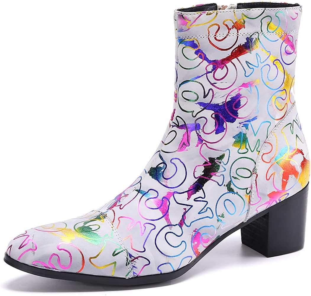 

Мужские ботинки Santimon из натуральной кожи на низком каблуке в стиле вестерн - повседневные, вечерние, граффити, челси, ковбойские с молнией сбоку для вечеринок, бальных танцев и свадеб, белый