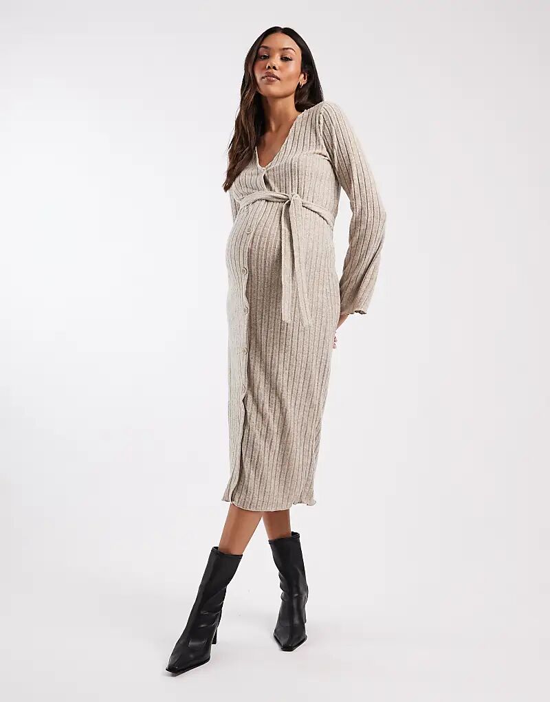 

Платье миди Mamalicious Maternity из супермягкой трикотажной ткани в рубчик с завязкой на талии, кремового меланжа