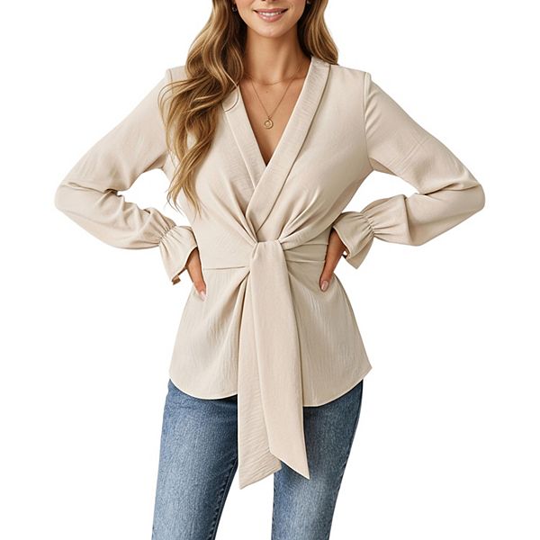 

Женская блуза с длинным рукавом, запахом, поясом и v-образным вырезом Anna-Kaci