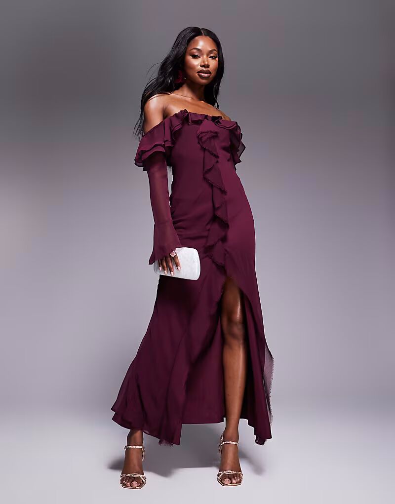 

Платье макси с оборками и длинными рукавами ASOS DESIGN, косой крой, бордового цвета