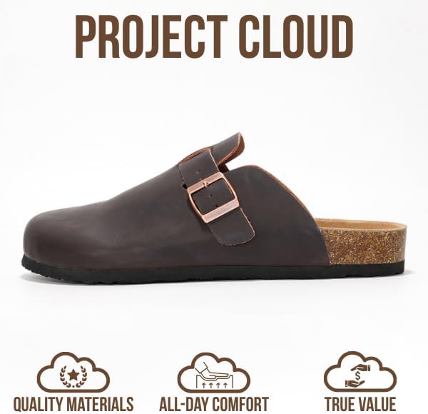 Мужские сабо Project Cloud - 100 натуральная кожа полного слоя, сабо с мемори-пеной для мужчин, поддержка свода стопы, пробковая стелька, противоскользящая подошва (Brooklyn), коричневый — фото 3