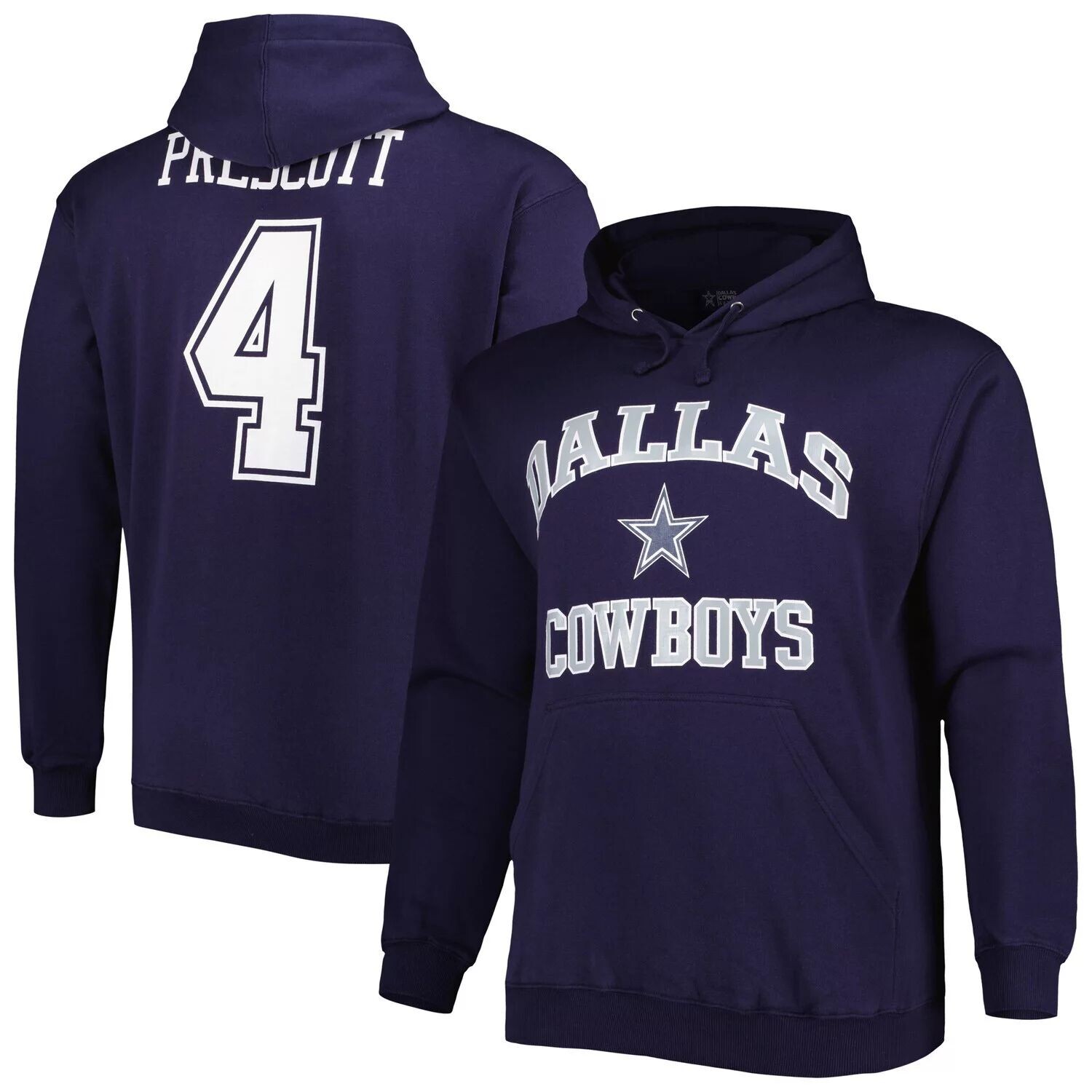 

Мужской темно-синий флисовый пуловер с капюшоном Dak Prescott Dallas Cowboys Big & Tall с именем и номером
