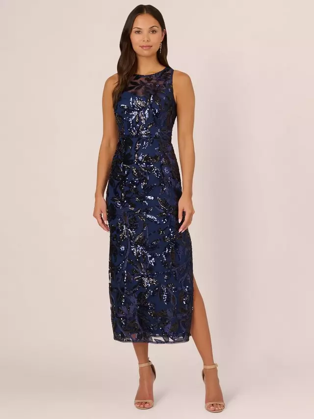 

Платье Adrianna Papell Leaf Sequin Midi, цвет navy/black