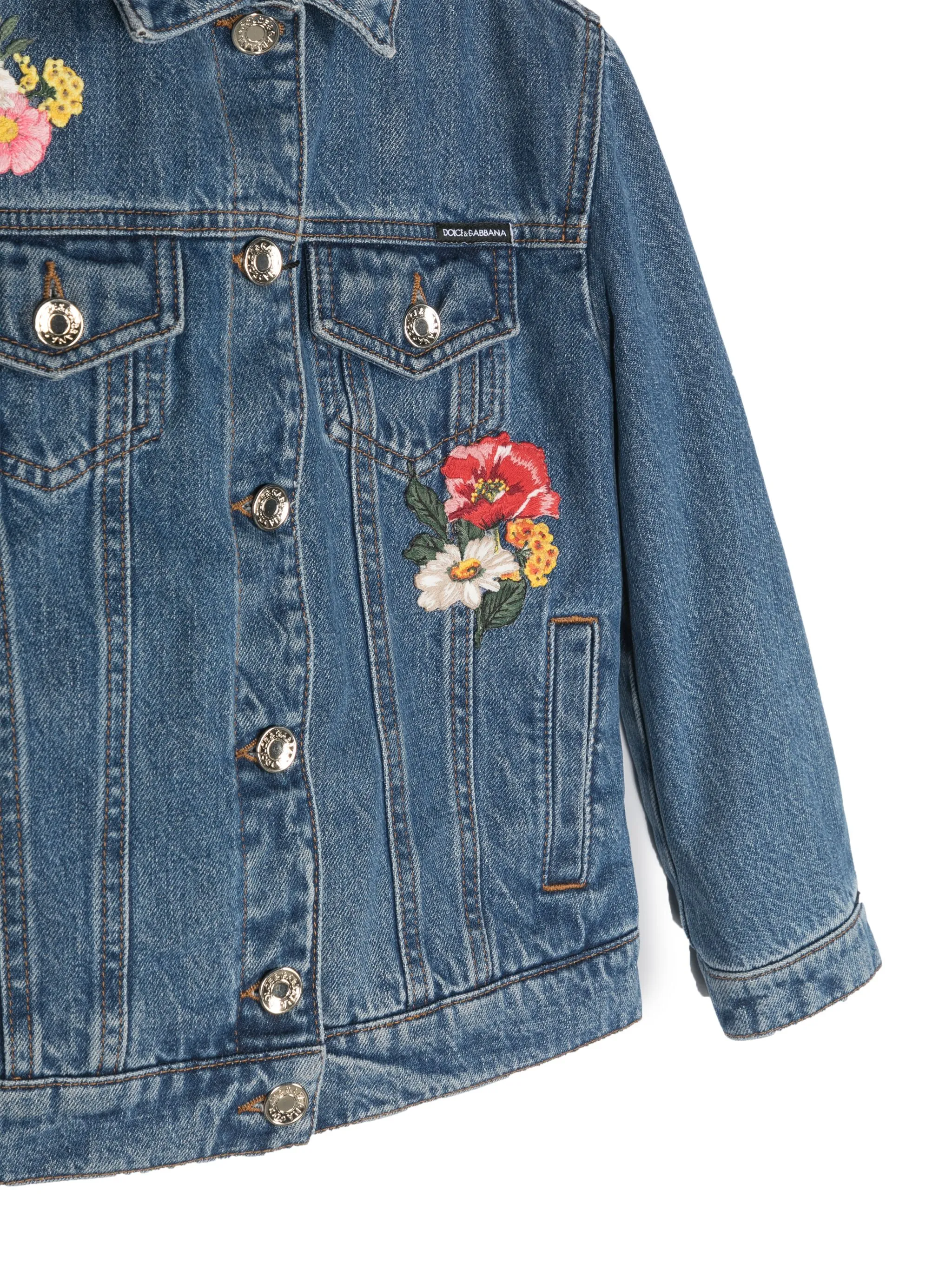 Джинсовая куртка с цветочной вышивкой Dolce & Gabbana Kids, синий — фото 3
