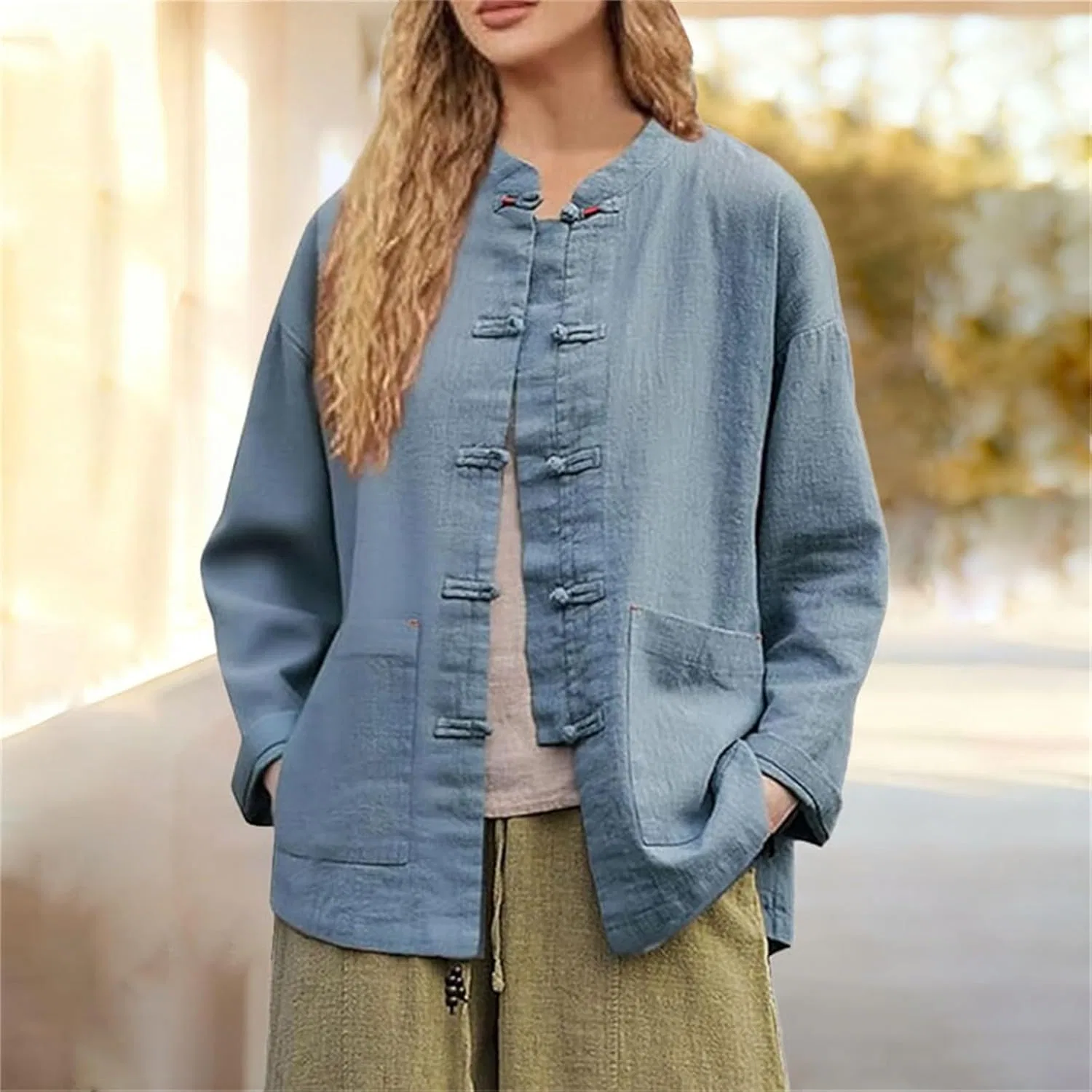 Блуза с мандариновым воротником и застежкой-петлей, длинный рукав, Casual Jacket, темно-синий — фото 2